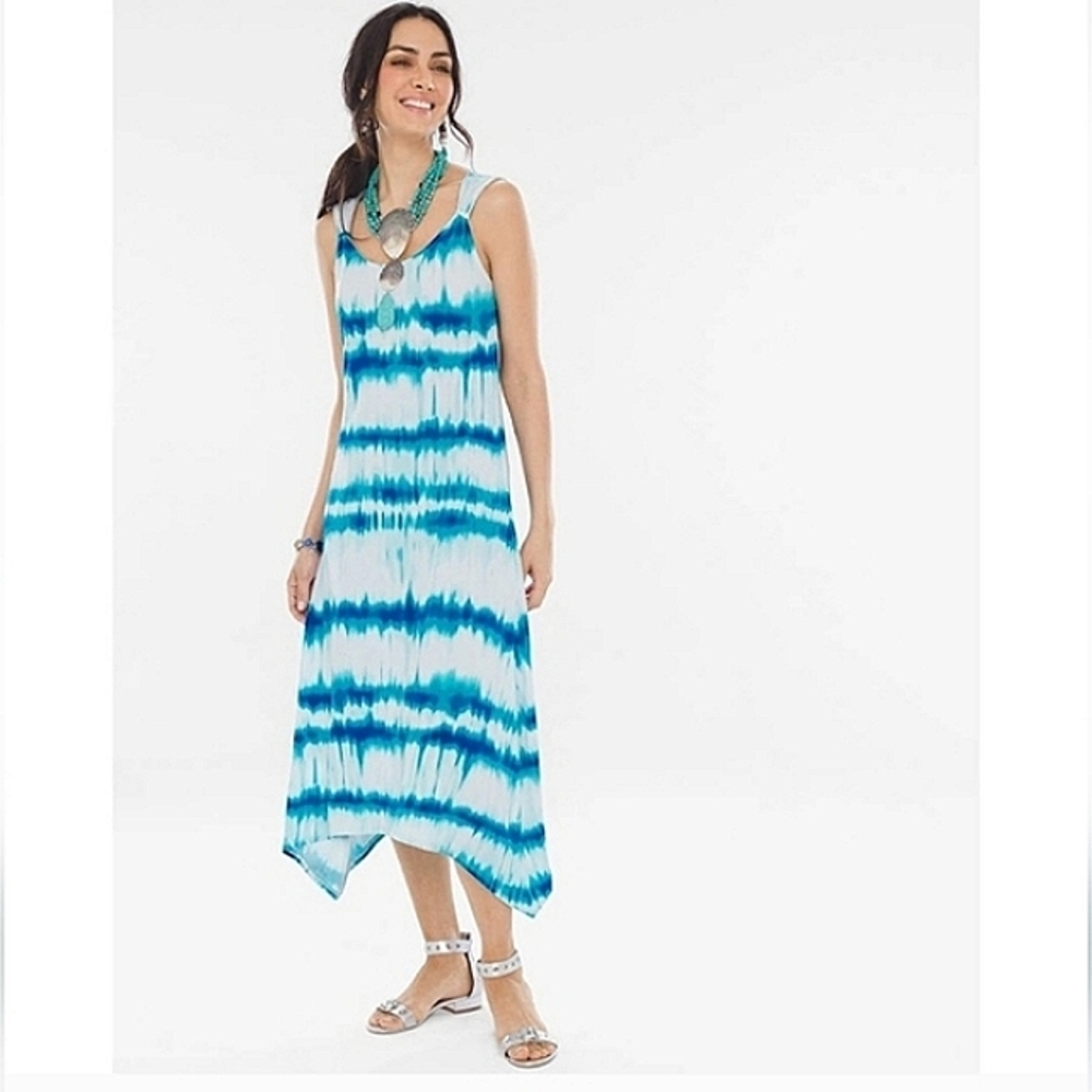 Chico's detail shoulder midi dress pattern clear aqua dress 1